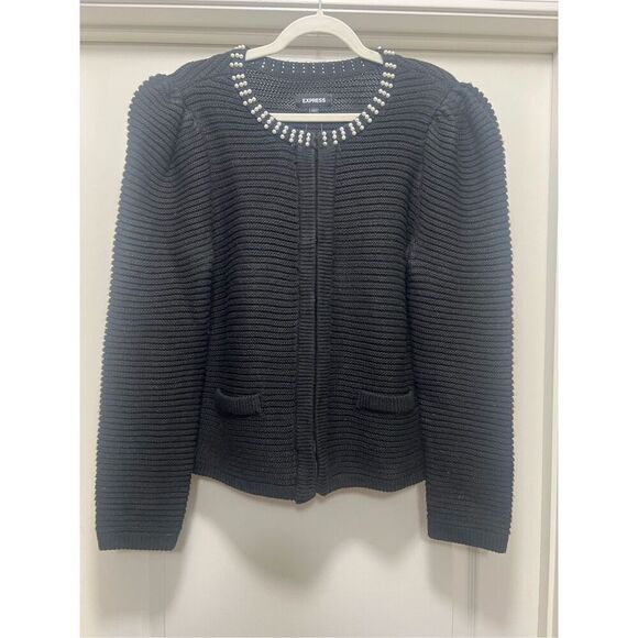 Express Cardigan with Pearl Collar Detail and Puffed Sleeves (Size L) - Picture 1 of 4